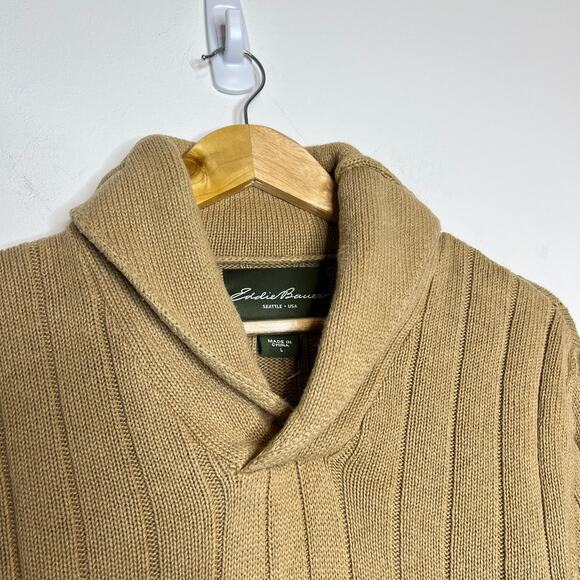 Eddie Bauer Sweater Mens Large Tan Shawl Collar Knit Grandpacore Linen Fisherman - Picture 3 of 9